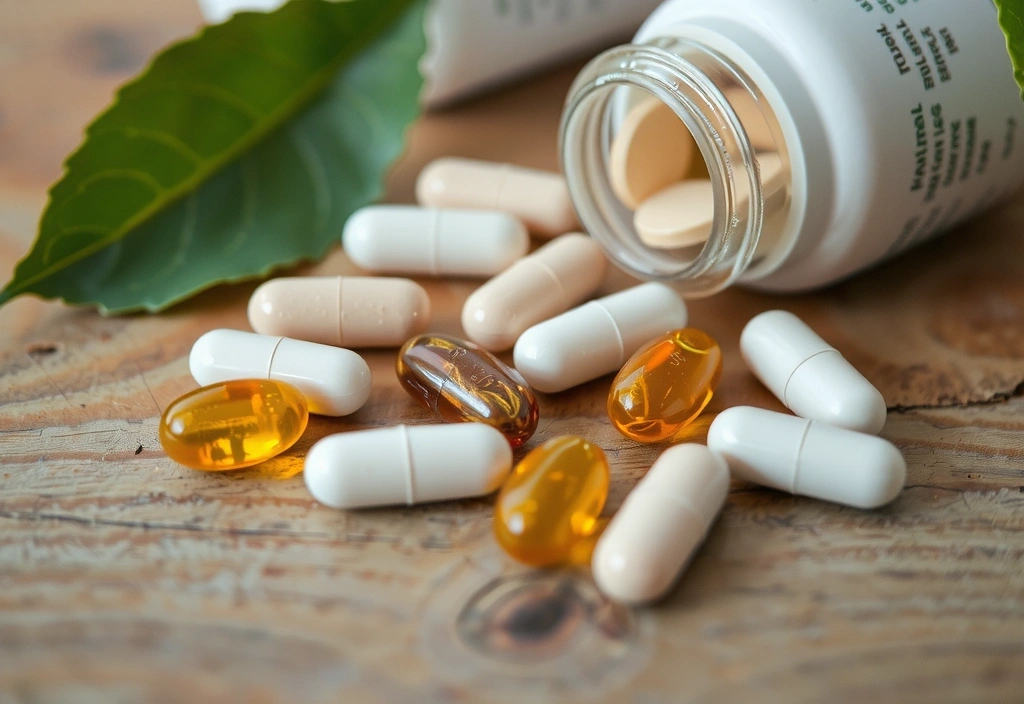 Gélules de compléments alimentaires sur une table en bois