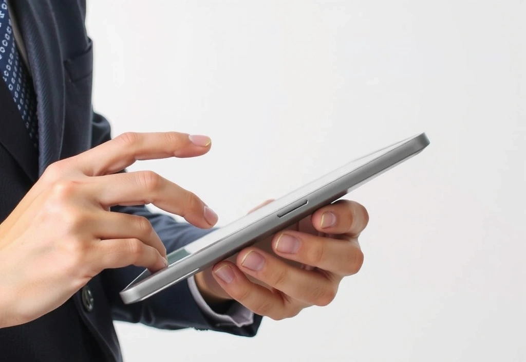 Personne lisant un document numérique sur une tablette, symbolisant la transparence et l'information.