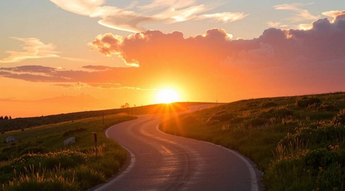 Chemin sinueux menant à un horizon lumineux, symbolisant un parcours de santé et de croissance